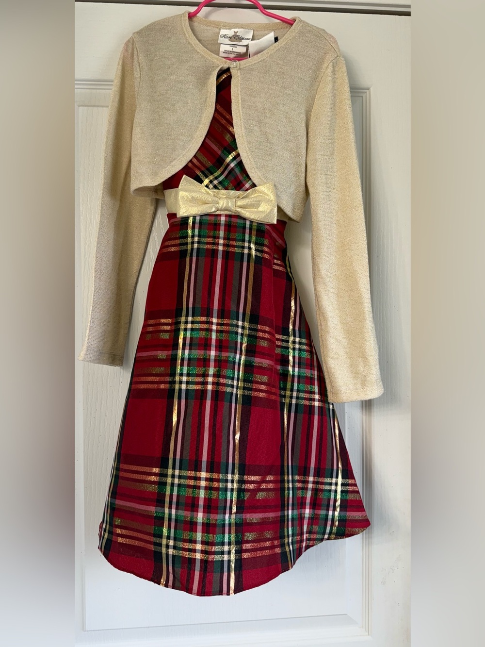 Rare Editions Red Plaid Dress with Gold Shrug and Bow